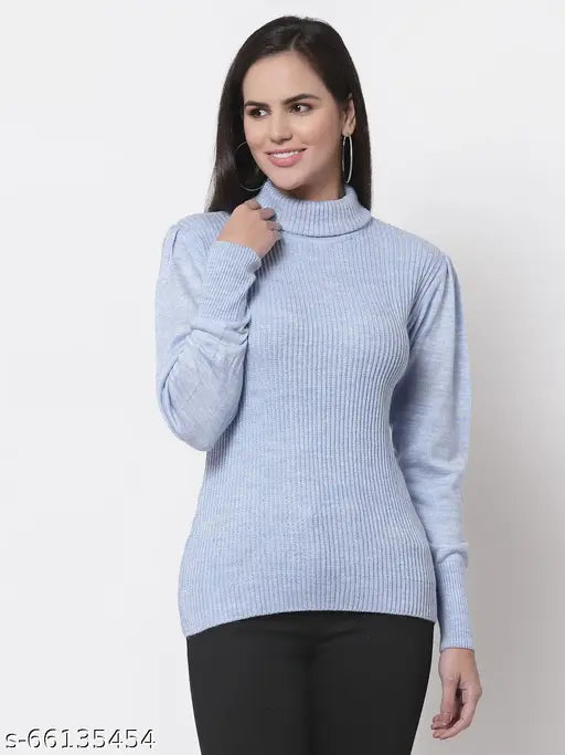 Blue solid acrylic long-sleeve ribbed pullover with turtle neck, Style Quotient Women brand, size S (33in bust, 24in length, 13in shoulder)
