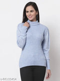 Blue solid acrylic long-sleeve ribbed pullover with turtle neck, Style Quotient Women brand, size S (33in bust, 24in length, 13in shoulder)