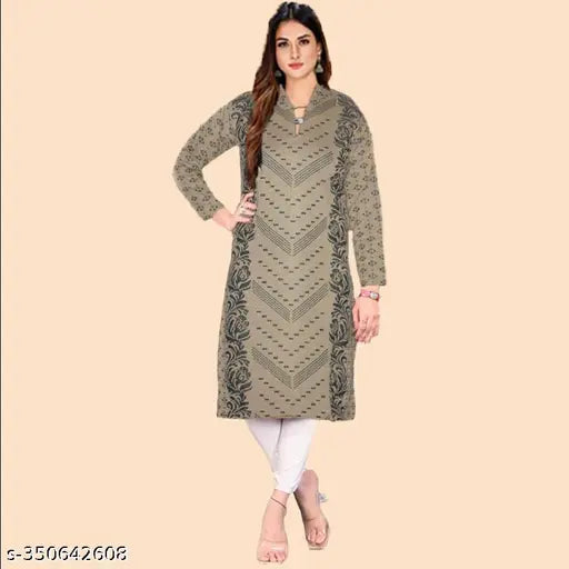 Woolen winter kurtis, long sleeves, printed combo. M (38in bust, 42in length), L, XL, XXL. New, stylish, and affordable wool a-line kurti from India