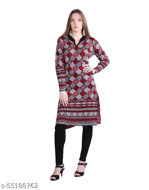 Red wool A-line printed kurti, long sleeves, unique design, Montrex premium quality