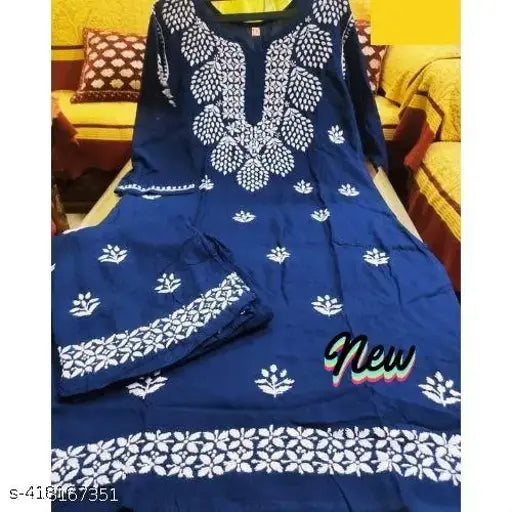 Printed rayon Chikankari Kurta with Palazzo set, three-quarter sleeves, Indian ethnic wear on model