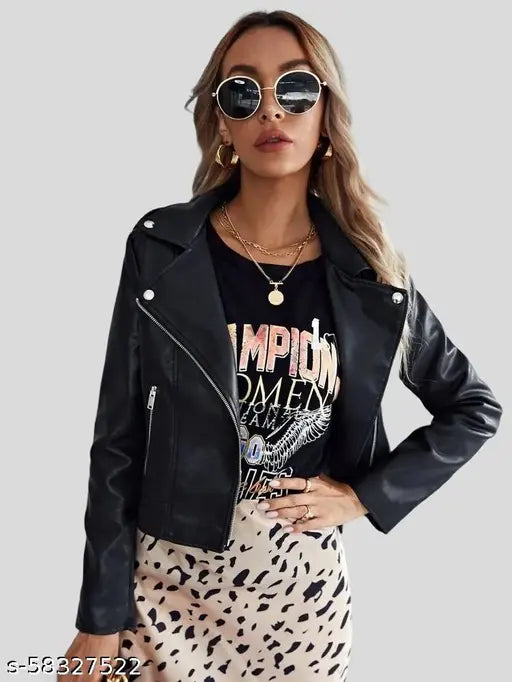 Black PREEGO women's faux leather jacket, premium quality with long sleeves and solid pattern