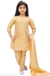 Kids cotton blend A-line kurta pajama with dupatta, solid pattern, long sleeves, sizes range from 12-18 Months to 9-10 Years. Indian traditional kids wear on display