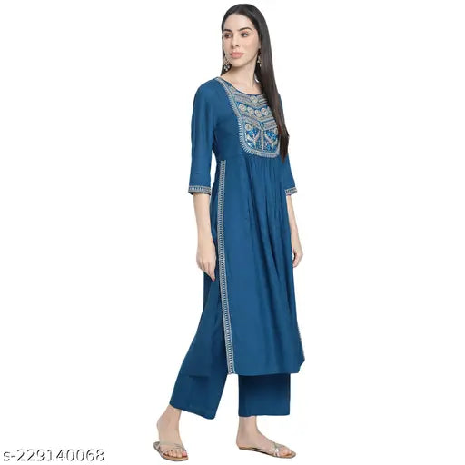 Rayon embroidered Nayra Cut Kurta with Palazzos, solid-colored Indian wedding wear in premium quality fabric
