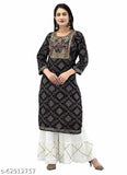 Black rayon straight kurta with white printed sharara palazzo set, three-quarter sleeves, single size & regular fit for waist 28", India origin