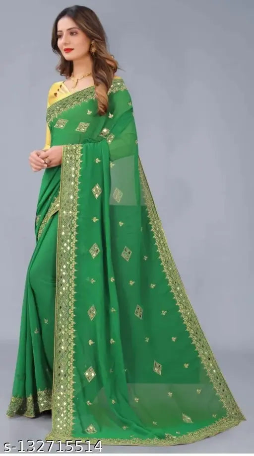 Embellished Georgette KAJUKATRI saree with separate dupion silk blouse, free size, Indian traditional wear