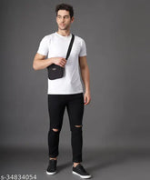 Solid black cotton blend jeans for men by Zaysh, stylish knee-cut with a 34-inch waist, 40-inch length, and 38-inch hip size