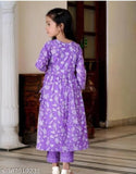 Purple Rayon/Cotton blend Kurta with Dupatta and bottomwear, printed in vibrant motifs for 7-8 or 11-12 year old girls. Jaipuri Indian fashion for young ladies