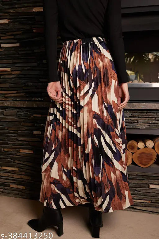 Printed pleated maxi skirt in polyester, casual fit for women, Indian origin