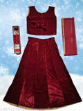 Stylish velvet maroon lehenga cholis with net dupatta and embroidered patterns, perfect fit from 5-12 years old Indian party wear for girls
