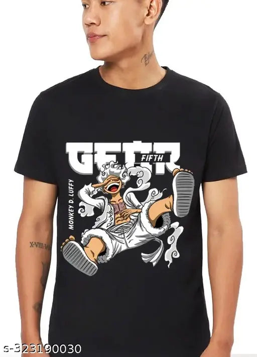 Men's black cotton blend Naruto Luffy anime printed t-shirt, stylish and comfortable, India origin