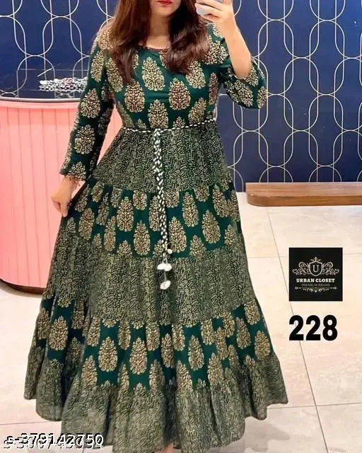 Gold print rayon anarkali kurti, three-quarter sleeves, Indian traditional partywear