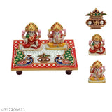 Multicolor marble Ganesh Lakshmi idol (6x4 inches) on traditional chowki, handcrafted by Kishangarh artisans from India