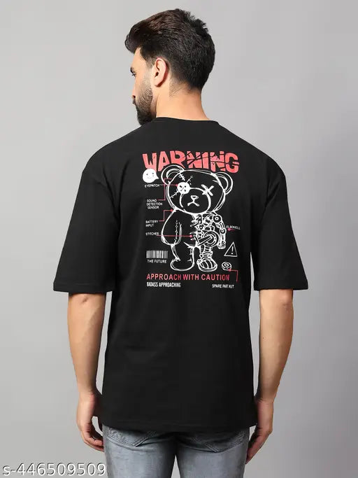 Mens oversized cotton T-shirt with round neck and stylish print, oversize drop-shoulder design, short sleeves, printed net, made in India