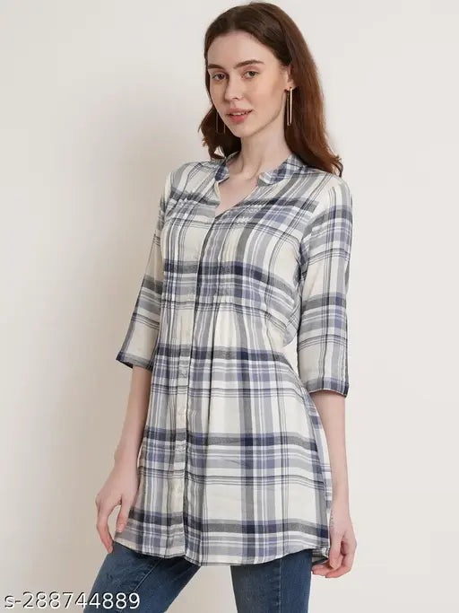 Off-white and blue rayon checkered tunic for women, pleats detailing, 3/4 sleeves, India origin