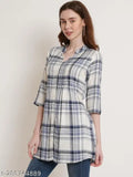 Off-white and blue rayon checkered tunic for women, pleats detailing, 3/4 sleeves, India origin