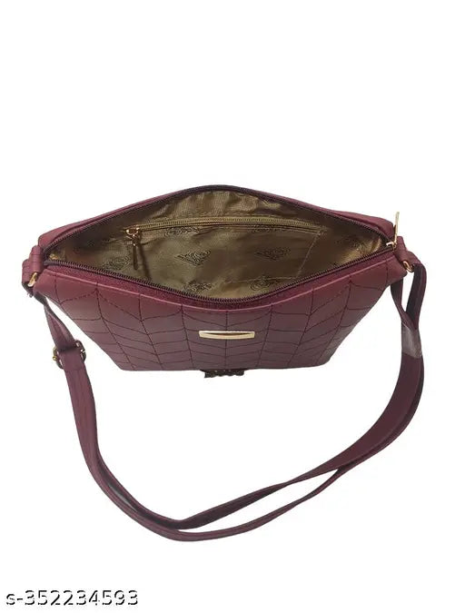 Maroon quilted net PU sling bag with 3 compartments, free size (10"L x 3"W x 8"H) - LaVue collection, Indian-made fashionable women's crossbody bag