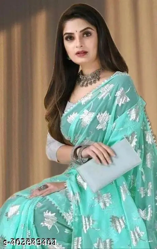 Pura Georgette sky color foil flower print saree with zari woven blouse, Indian traditional attire in free size