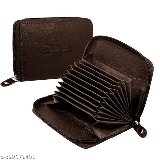Brown genuine leather unisex card holder with zip closure, features 9 card slots and 2 cash compartments, ideal accessory for both men and women