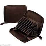 Brown genuine leather unisex card holder with zip closure, features 9 card slots and 2 cash compartments, ideal accessory for both men and women