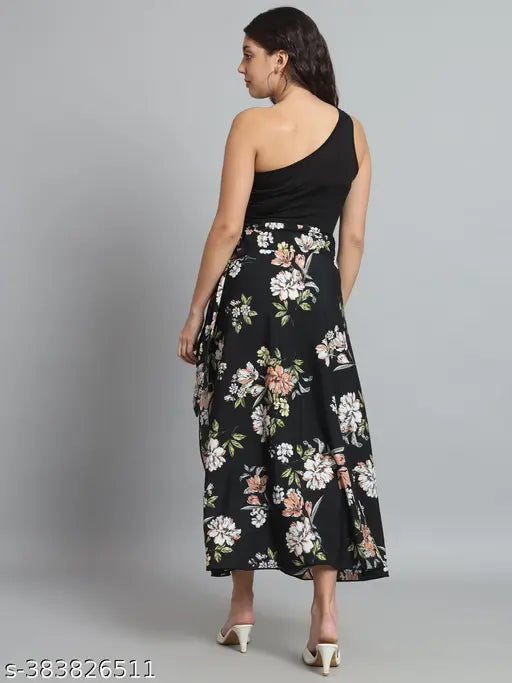 Floral black crepe maxi wrap skirt for women's casual and formal wear, suitable for spring, summer, and autumn. Ideal with tank tops and high heels. Indian-made