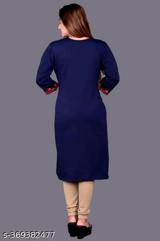 Navy blue woolen kurti, three-quarter sleeves, solid design, comfortable fit for M, L, XL, XXL sizes. Made in India