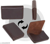 Brown faux leather card holder wallet, 12 slots for credit/debit cards, zipper coin purse. Dimensions: 10.75 x 8 x 2.5 cm, suitable for men and women