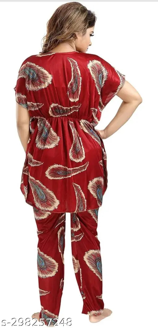 Maroon satin kaftan nightsuit set with matching pyjama top, printed design, stylish for bridal or fancy occasions