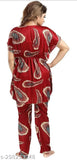 Maroon satin kaftan nightsuit set with matching pyjama top, printed design, stylish for bridal or fancy occasions
