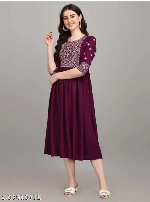 Embroidered rayon anarkali kurta for women, three-quarter sleeves, intricate Indian embroidery on rayon fabric - XL (bust 42in, length 45in)