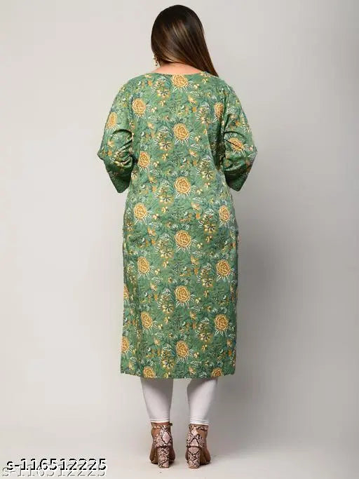 Plus size women's printed floral print pure cotton straight kurta in three-quarter sleeves. Indian-made, available in sizes XXL to 9XL