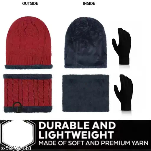 Maroon textured woolen beanie cap set (1 cap, 1 neck warmer, 1 pair of gloves) - Snow-proof soft fur winter accessory for unisex use, made in India
