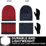 Maroon textured woolen beanie cap set (1 cap, 1 neck warmer, 1 pair of gloves) - Snow-proof soft fur winter accessory for unisex use, made in India