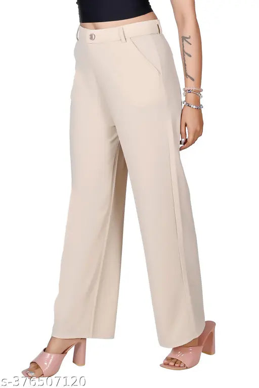 Comfortable cotton lycra women's formal trousers with side pocket - Solid net design, lightweight & breathable, perfect for casual daily use