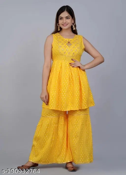 AI Yellow Bhandej set: Cotton Mulmul kurta with dupatta and bottomwear, printed, stitched net, pack of 3 (XL, XXL), Indian origin
