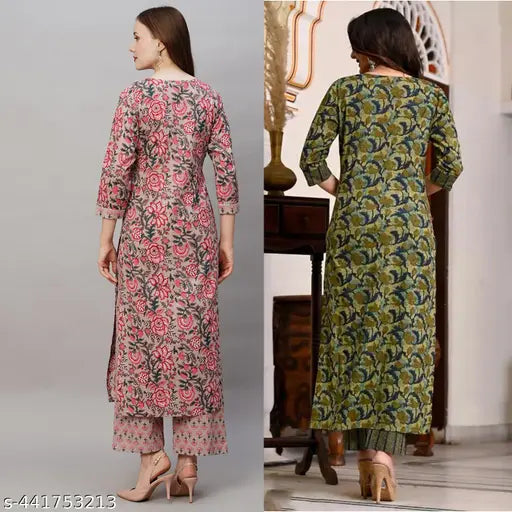 Women's floral printed cotton slub kurti pant sets combo of 2 (S-XXXL), three-quarter sleeve, printed pattern on display rack