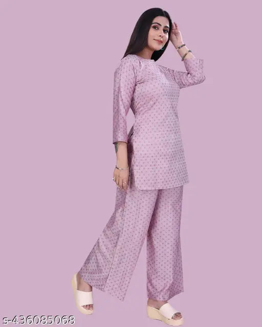Cotton printed short kurti set with high-waisted palazzos, free size, ethnic wear for women