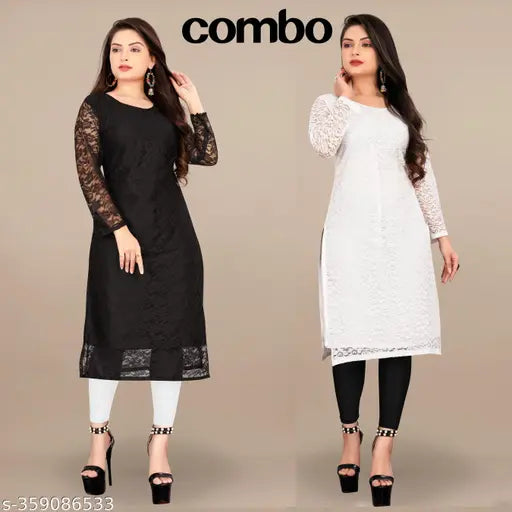 Net Embroidered Kurta, Indian festive and casual wear. Three-quarter sleeve, solid combo. S (36in bust, 42in length), M, L, XL, XXL available