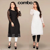 Net Embroidered Kurta, Indian festive and casual wear. Three-quarter sleeve, solid combo. S (36in bust, 42in length), M, L, XL, XXL available