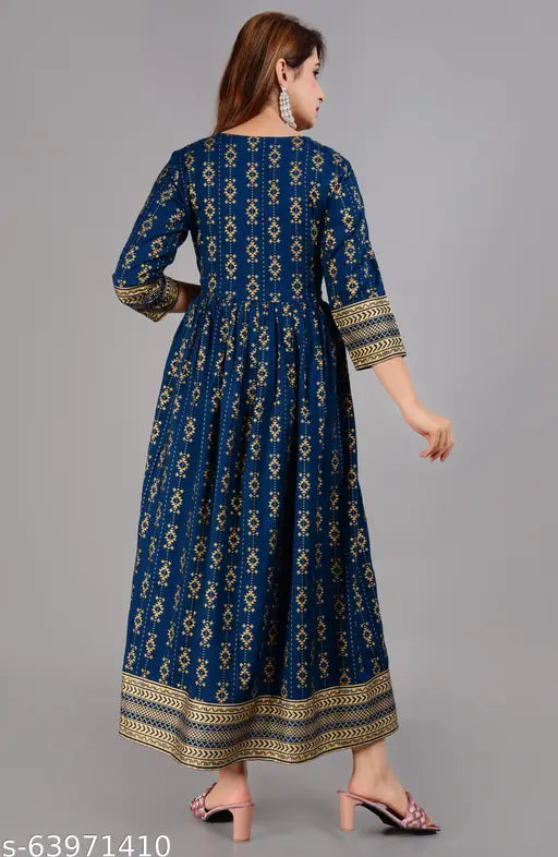 Gold printed Rayon women's ethnic Anarkali kurti, long sleeves, Indian design