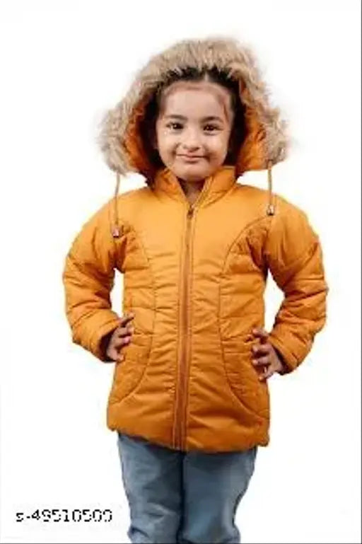 Solid nylon puffer jacket by JayKon, features mock collar with hoodie cap, 2 pockets, zip closure, long sleeves, and fur lining. (Size 4-5 years, length 20in, waist 13in, hip 15in; size 8-9 years, length 23in, waist 16in, hip 18in)