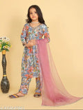 Girls' Kora Muslin kurtas set with net dupatta, three-quarter sleeves, printed pattern, single size available