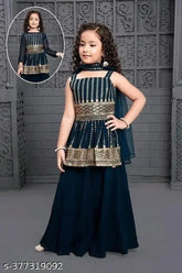 Soft silk kurta suit sets, embroidered with sleeveless design. Sizes for 0-3 months to 15-16 years. Indian origin