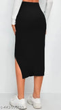 High-waisted black polycotton pencil skirt with side slit, perfect for casual or formal occasions. Imported quality and stretchable fabric for comfort and durability. Fits waist sizes 26-36 inches. Made in India