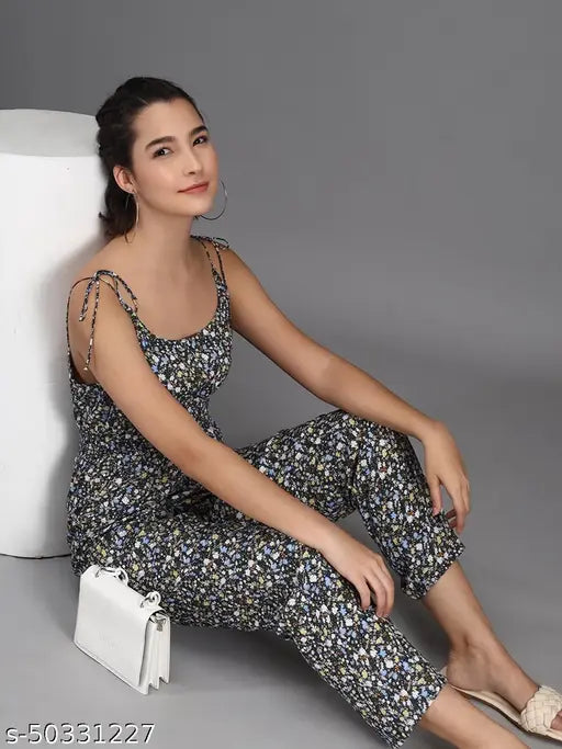 Multicolor viscose rayon sleeveless floral printed jumpsuit, perfect for a vibrant western look, originates from India