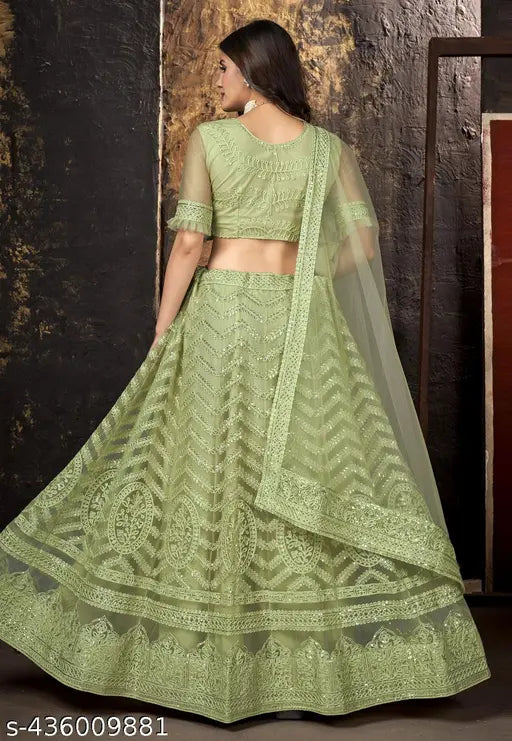 Banarasi lehenga with embroidery, free size up to 2XL. Net fabric with unstitched blouse and dupatta