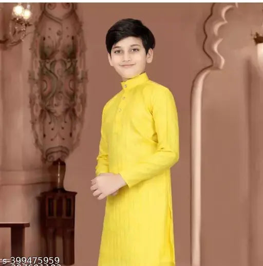 Yellow striped cotton kurta for kids, long sleeves, 4-5 years size