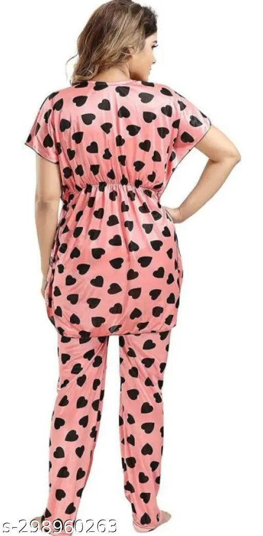 Heart-printed satin nightsuit set with pyjama top and cord set for women, daily wear