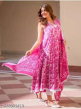 Pink floral printed Mulmul Anarkali Dupatta Set on mannequin, cotton for Indian summer fashion