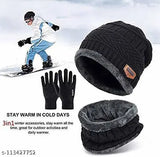 Black wool beanie cap (Pack-1) with neck warmer & cotton gloves - winter essential, Indian origin